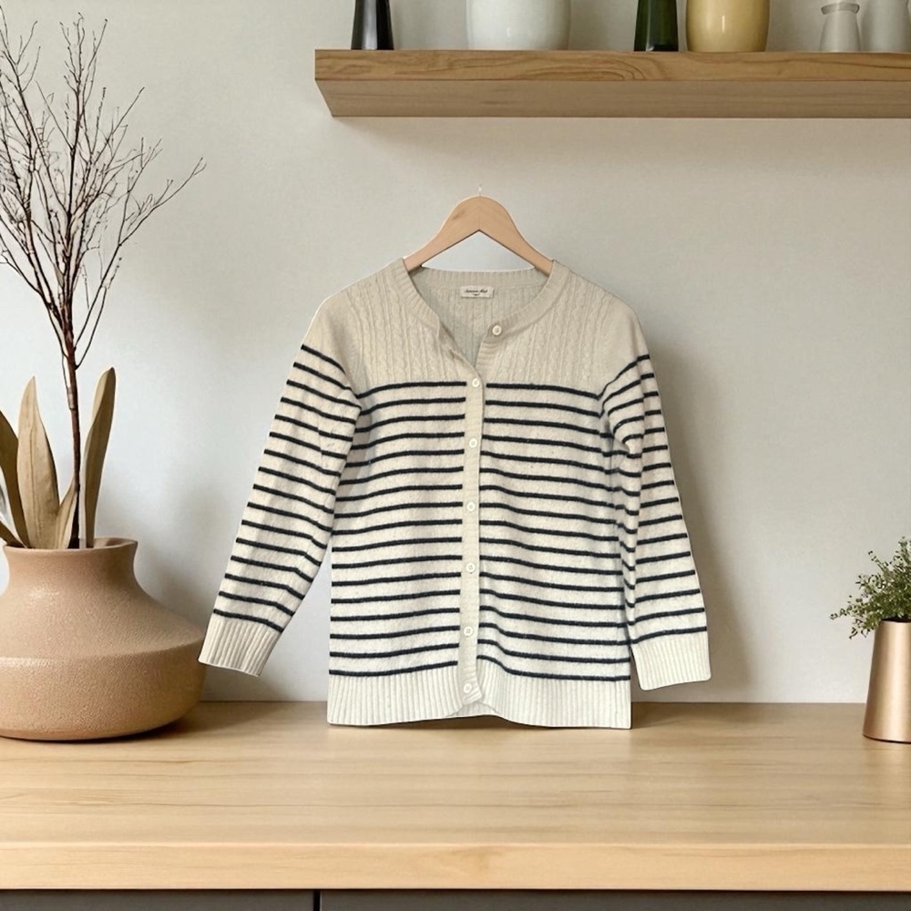 Samansa Mos2 Wool Blend Cardigan Sweater Black & Cream Stripe Button Down